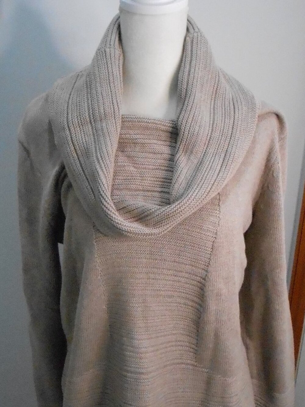 Calvin Klein Women's Beige Oversized Cowl Neck Long Sleeve Ribbed Sweater Size-L